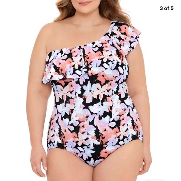 Time and Tru Women's XL Watercolor Splash Floral One Piece Swimsuit - New - Picture 1 of 5